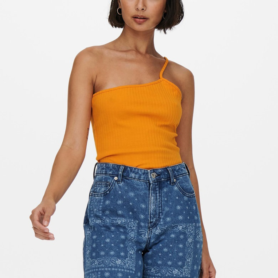 Top galben muștar, cu decolteu asimetric Only, din bumbac și elastan. Are o singură bretea șic, amplasată într-o parte. 