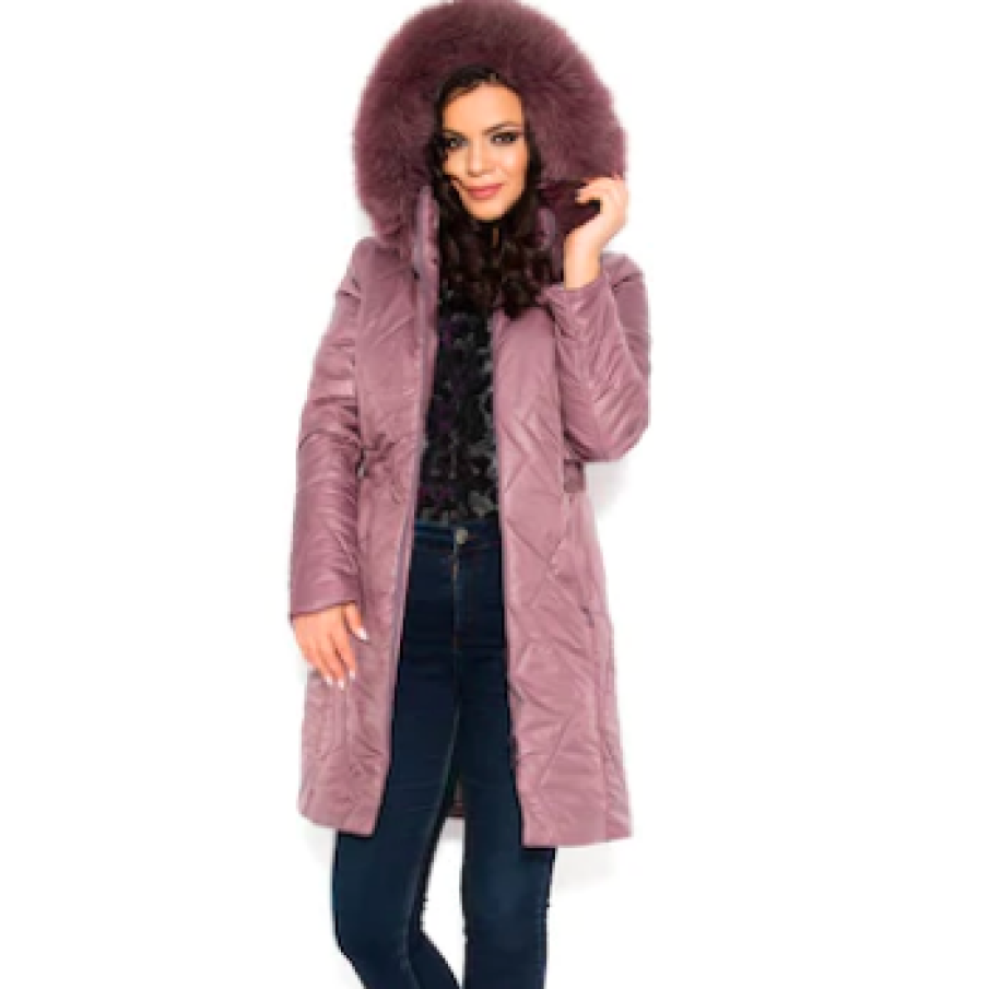 Geacă damă, Viada, cu glugă și blană naturală, Lila prăfuit