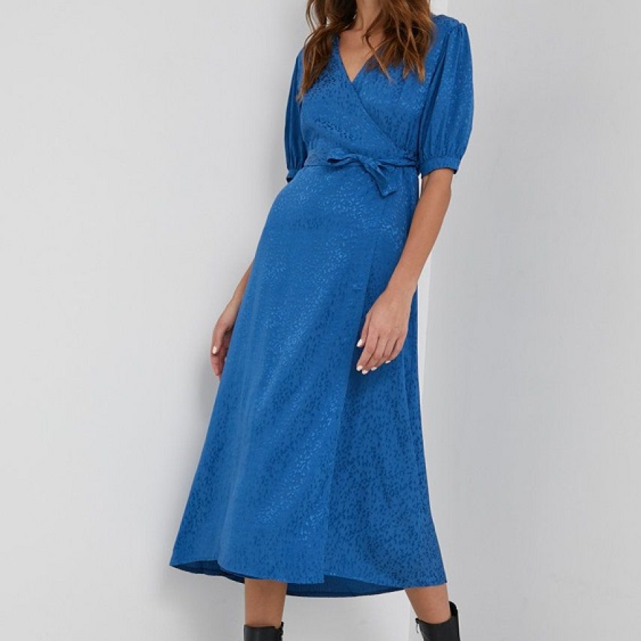 Rochie midi bleu ciel, cu mâneci până la nivelul cotului și cordon în talie 