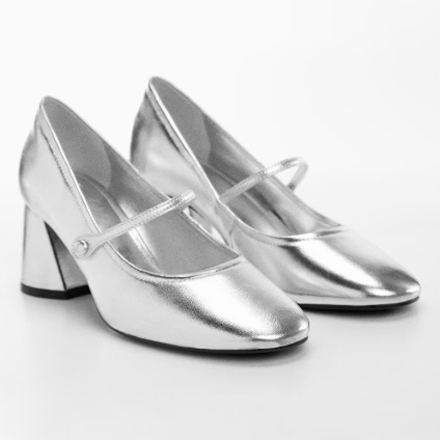 Pantofi Mango tip Mary Jane de piele, cu toc gros și stabil, în nuanță de argintiu