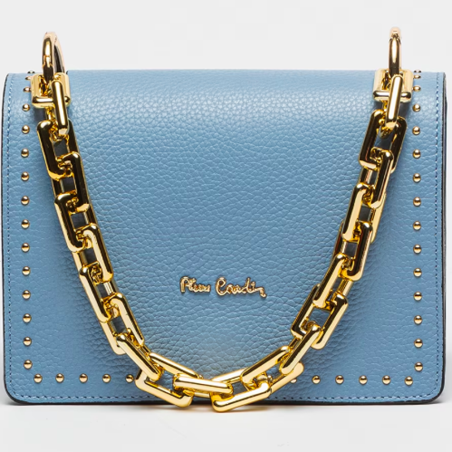 Pierre Cardin, Geantă crossbody din piele cu nituri, Auriu, Albastru pastel