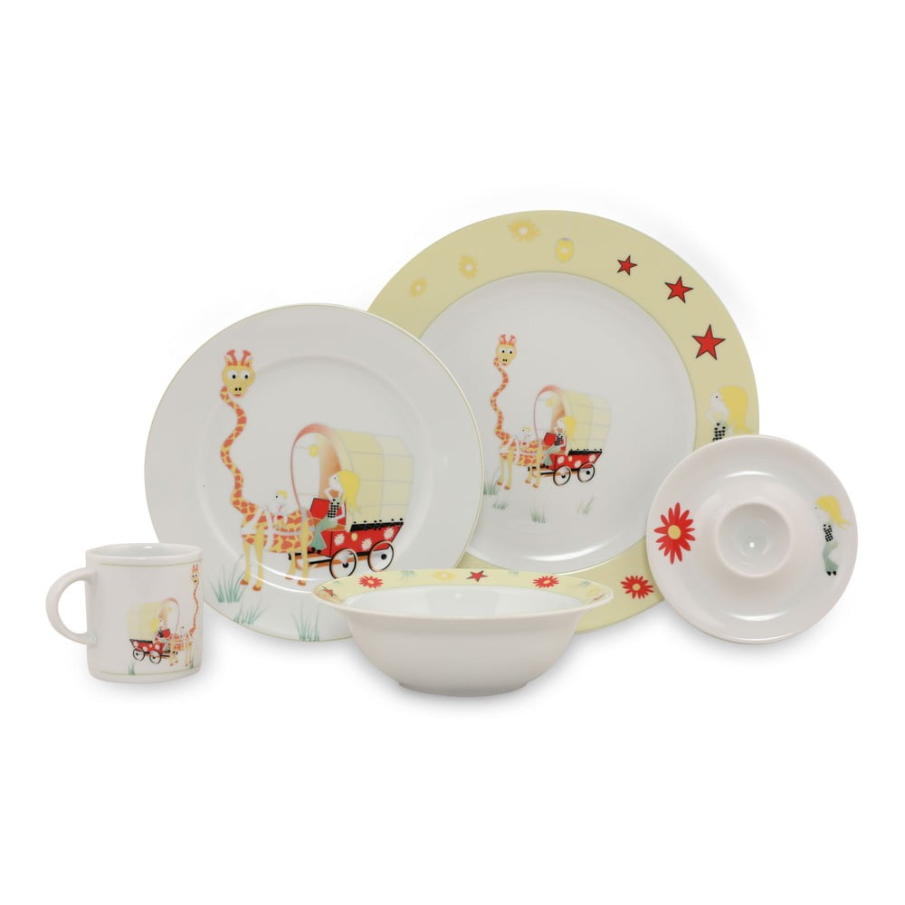Set veselă pentru copii Kütahya Porselen Giraffe format din 5 piese, din porțelan. Setul conține: o farfurie, o farfurie pentru deșert, un bol, o cană și un suport pentru ou  
