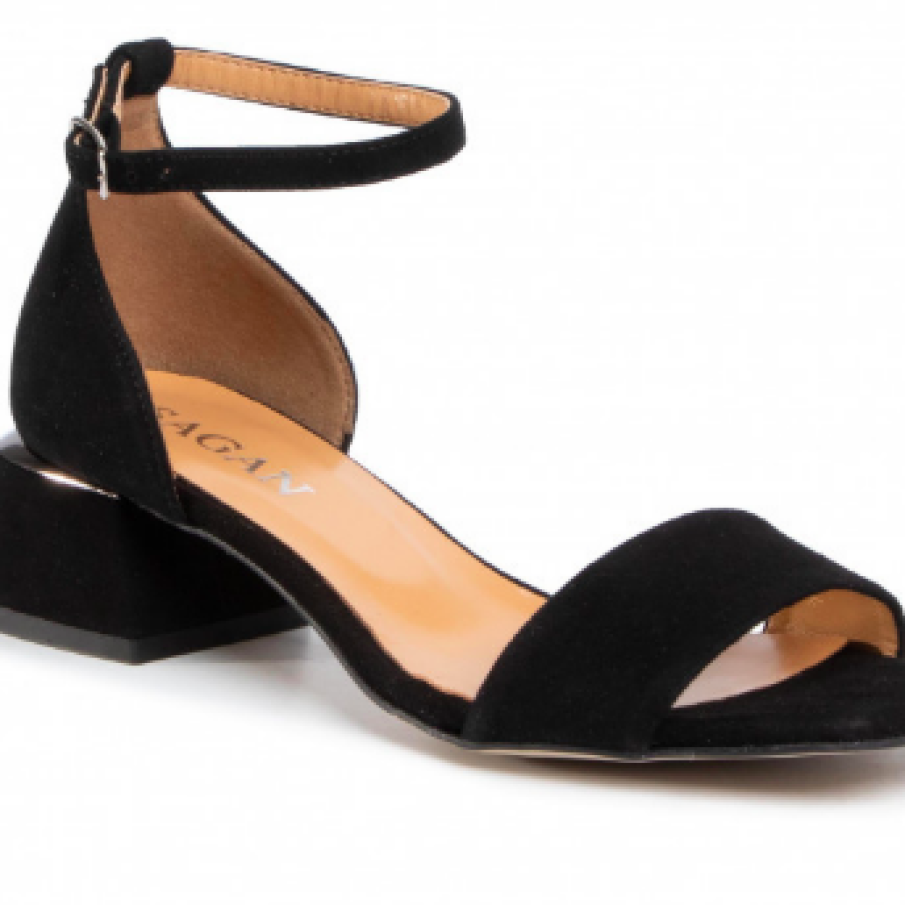 Sandale negre piele întoarsă cu toc mic gros