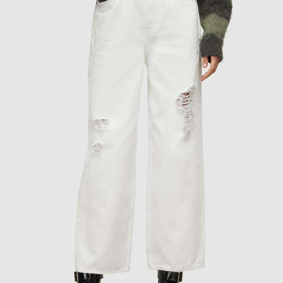 Blugi albi AllSaints cu fason barrel si talie inalta confectionati din denim spalacit 