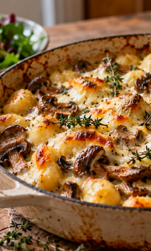 Gnocchi la cuptor cu ciuperci, mozzarella și cimbru: cina cremoasă de toamnă care se rumenește spectaculos într-o singură tavă
