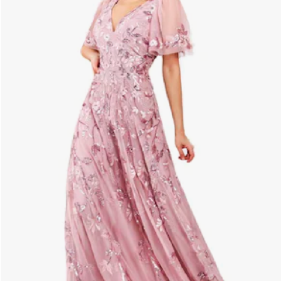 Rochie lungă din dantelă brodată cu paiete și mâneci scurte, Roz prăfuit