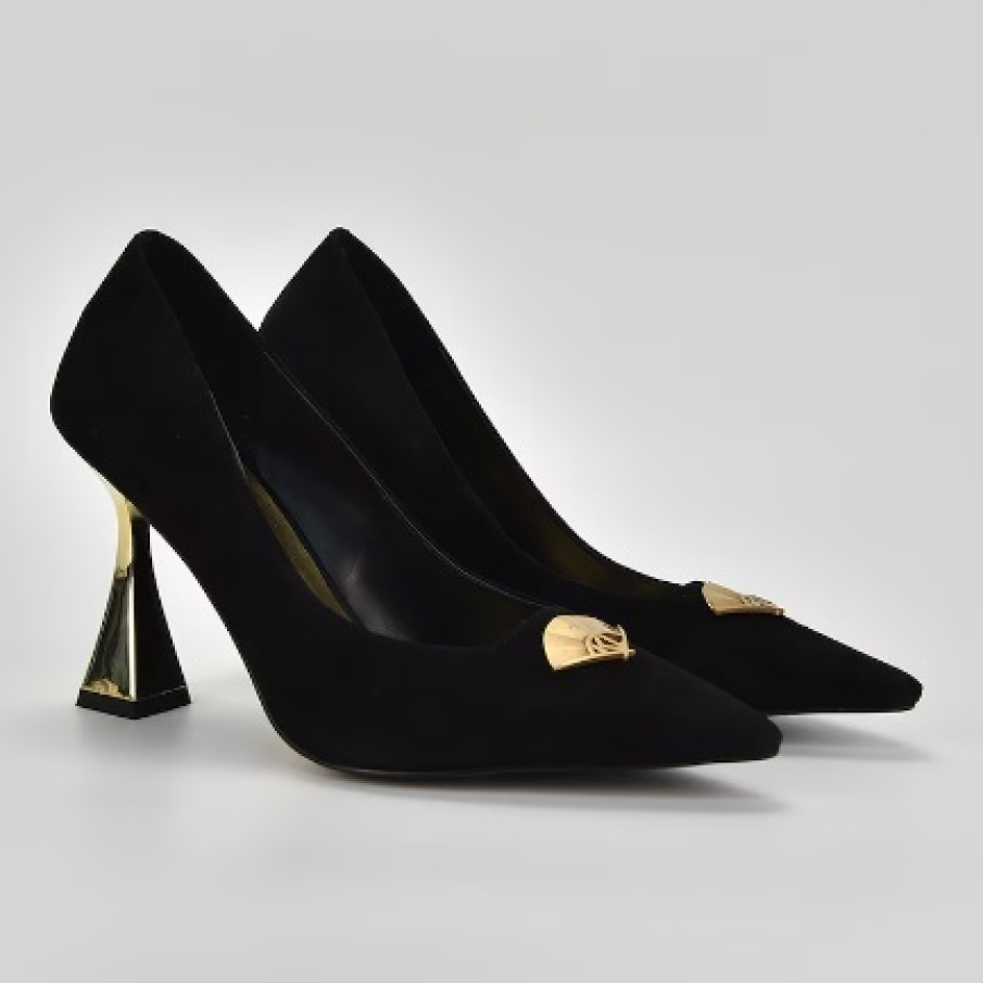 Pantofi de piele întoarsă cu vârf ascuțit, toc structurat auriu și aplicație logo auriu, în formă de evantai