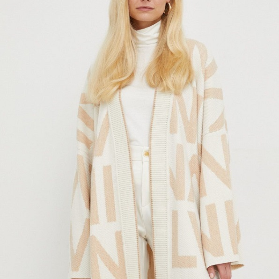 Cardigan alb Liviana Conți, din cașmir, cu linia umerilor lăsată și imprimeu bej