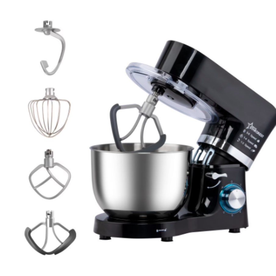 Robot de bucătărie STARCREST SKM-1500BK, 1500W, Bol 5.5 L Inox, 5 Accesorii, 6 Viteze - Pulse, Angrenaje metalice, Negru - Inox