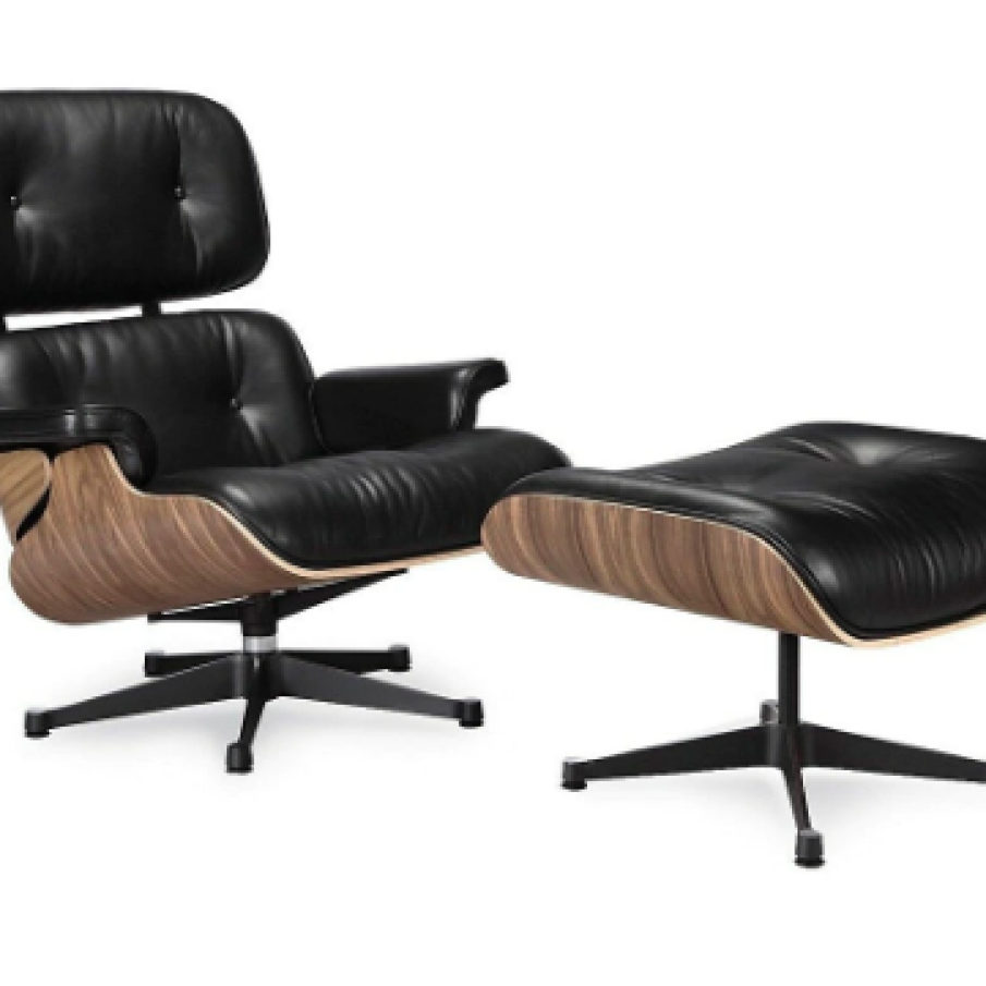 Fotoliu cu taburet pentru picioare, stil retro, negru, piele și lemn, 84x62x50 cm