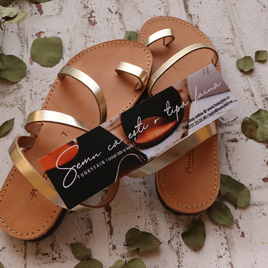 Sandale aurii din piele naturală, cu talpă joasă
