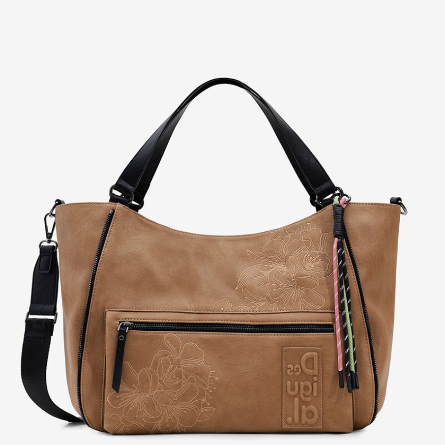 Geanta Desigual in nuanta de bej, confectionata din piele ecologica, cu maner negru si curea reglabila detasabila