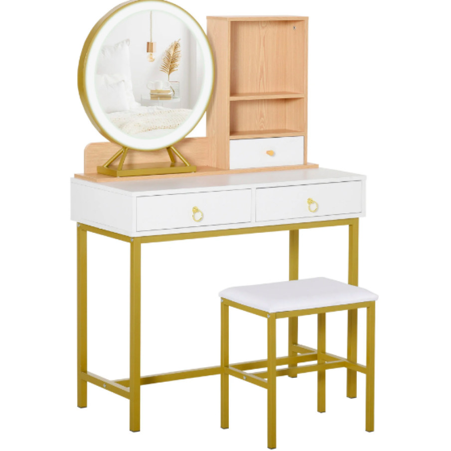 Masă de Machiaj cu Taburet Oglindă cu Lumini LED Raft și Sertare 