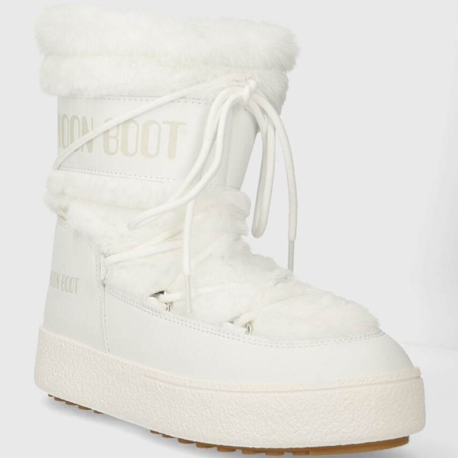 Cizme de iarnă albe ca zăpadă din colecția Moon Boot, impermeabile, cu blăniță decorativă