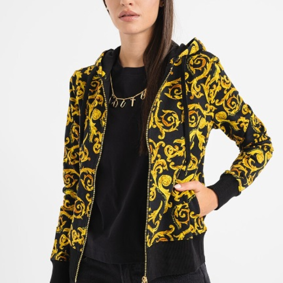 Hanorac de bumbac cu fermoar și imprimeu auriu în stil baroc by Versace Jeans Couture