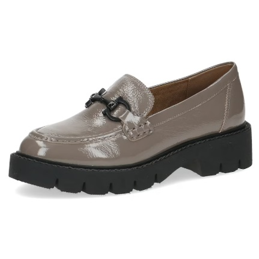 Pantofi loafer din piele lăcuită Caprice cu detaliu metalic negru, în nuanță de maro taupe