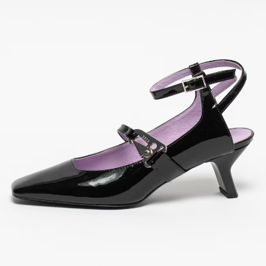 Pantofi Mary Jane eleganți, de piele neagră lăcuită, by MSGM, cu toc structurat, baretă trendy și modernă și baretă la nivelul gleznei 