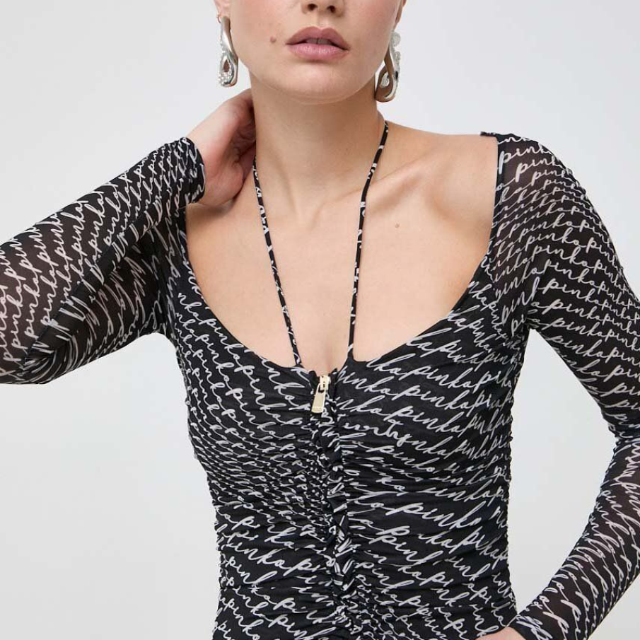 Body alb-negru din colecția Pinko, cu imprimeu grafic și șnur care se prinde pe după gât pentru un efect sexy 