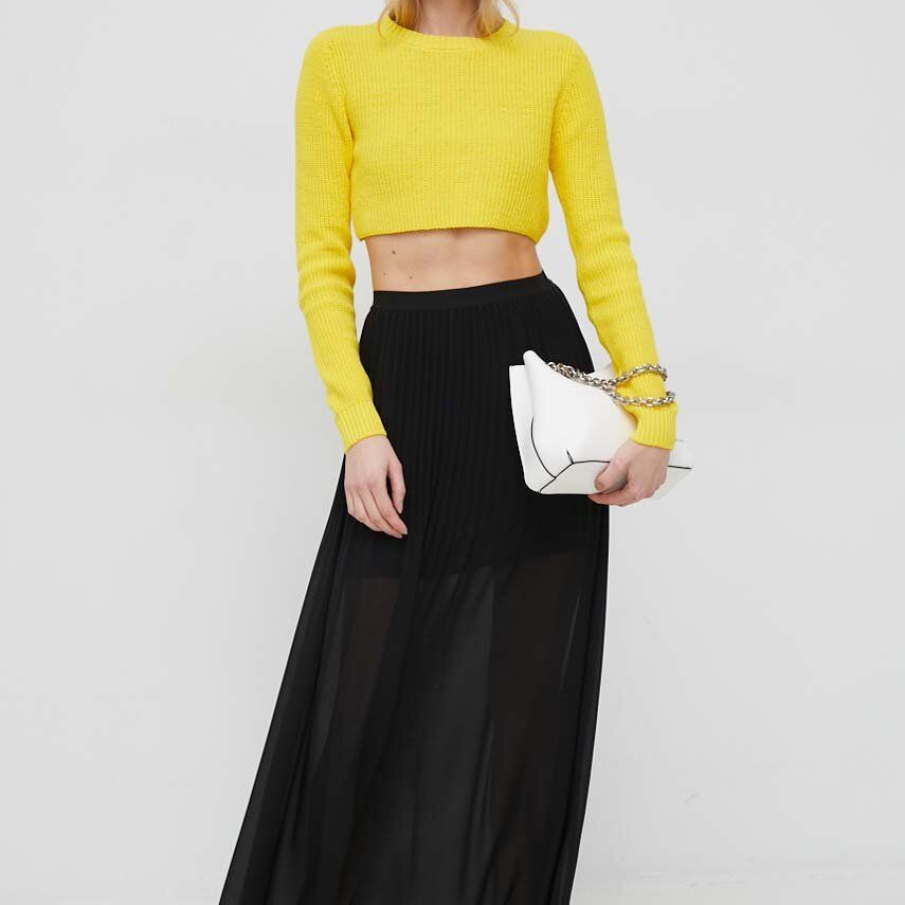 Fustă lungă Sisley, neagră, model ușor plisat, din material compact și semitransparent