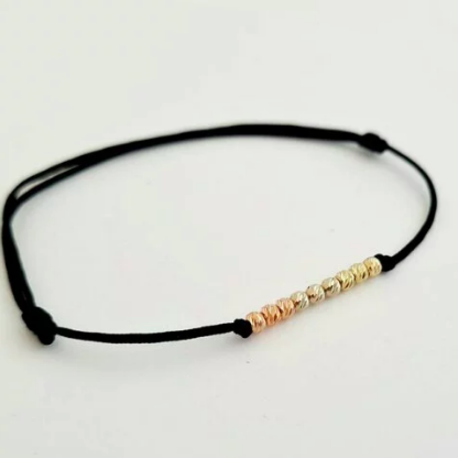 Brățară cu 9 biluțe de 3 mm din Aur Galben/Roz/Alb 14K - Șnur reglabil