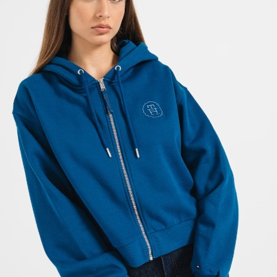 Hanorac albastru cu fermoar și mâneci căzute, cu o croială modernă și tinerească, by Tommy Hilfiger
