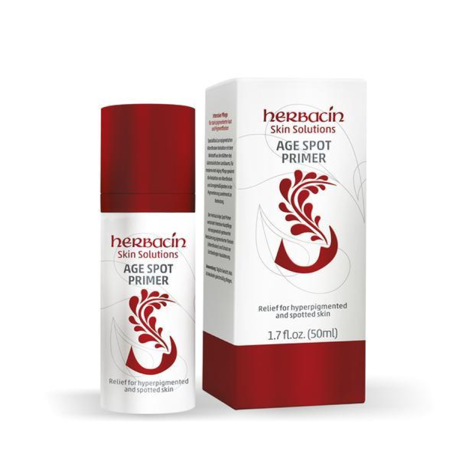Cremă împotriva petelor hiperpigmentare de la Herbacin Skin Solutions cu extracte obținute din aloe vera, flori de mușețel și gălbenele, potrivită pentru toate tipurile de piele în special pentru pielea foarte pigmentată