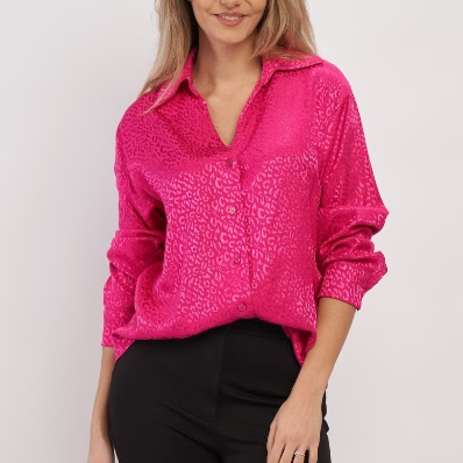 Cămașă de satin Montecristo, în nuanță de roz fucsia, cu mâneci lungi și animal print