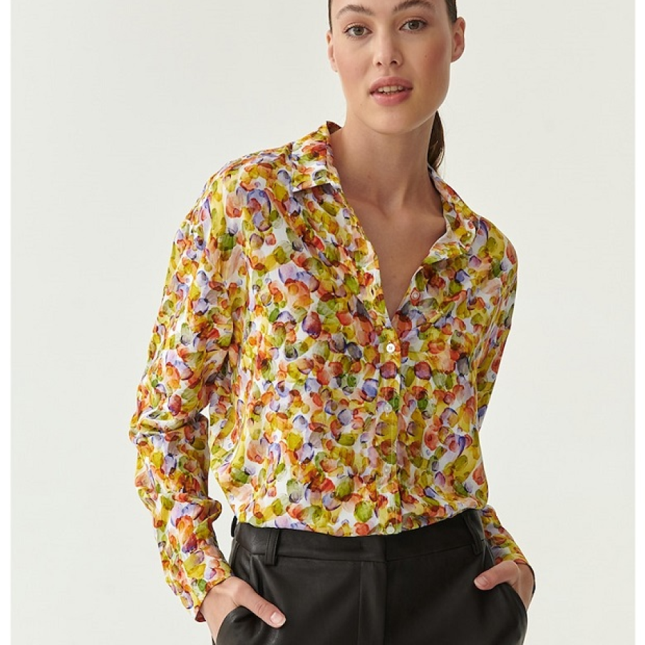 Cămașă din viscoză cu imprimeu multicolor Nilana în al cărei imprimeu regăsim multe din nuanțele specifice toamnei