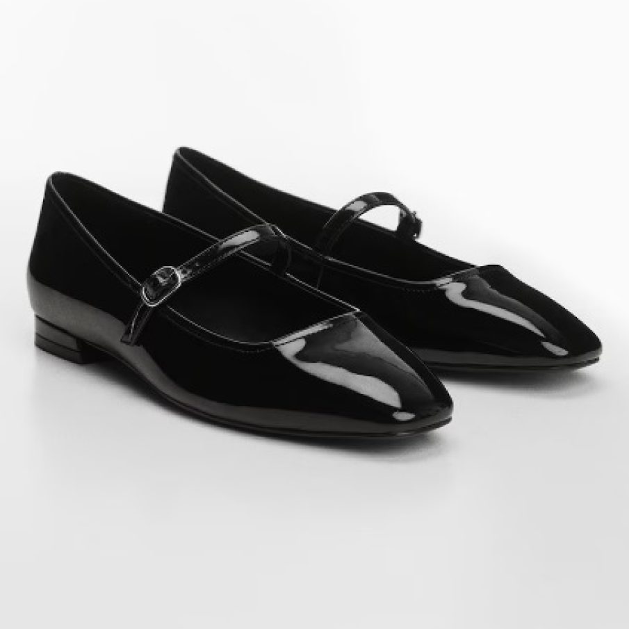 Balerini cu talpa joasă tip mary jane, de piele ecologică cu aspect lăcuit 