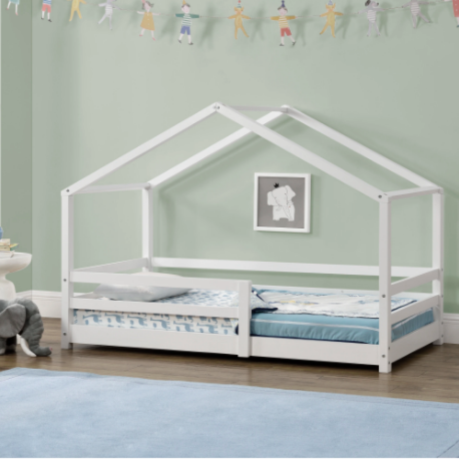 Pat copii design căsuța Selena, casă, 205 x 97 x 136 cm, lemn de brad, alb mat lăcuit