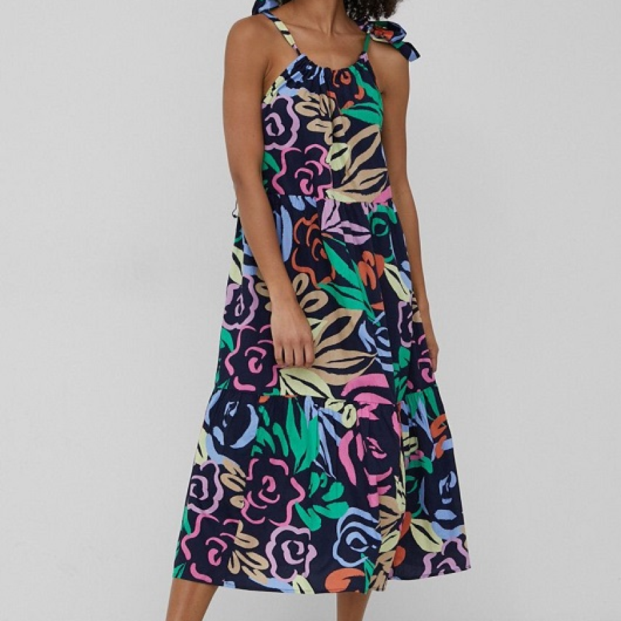 Rochie GAP din bumbac, cu imprimeu vesel și decolteu tip halter. Foarte important, bretelele sunt reglabile. 