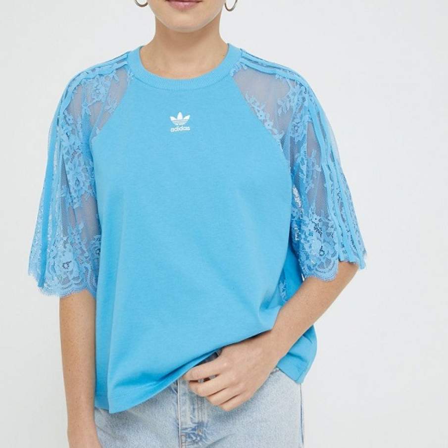 Tricou bleu din colecția adidas Originals, cu mâneci lungi, cu inserții transparente și de dantelă