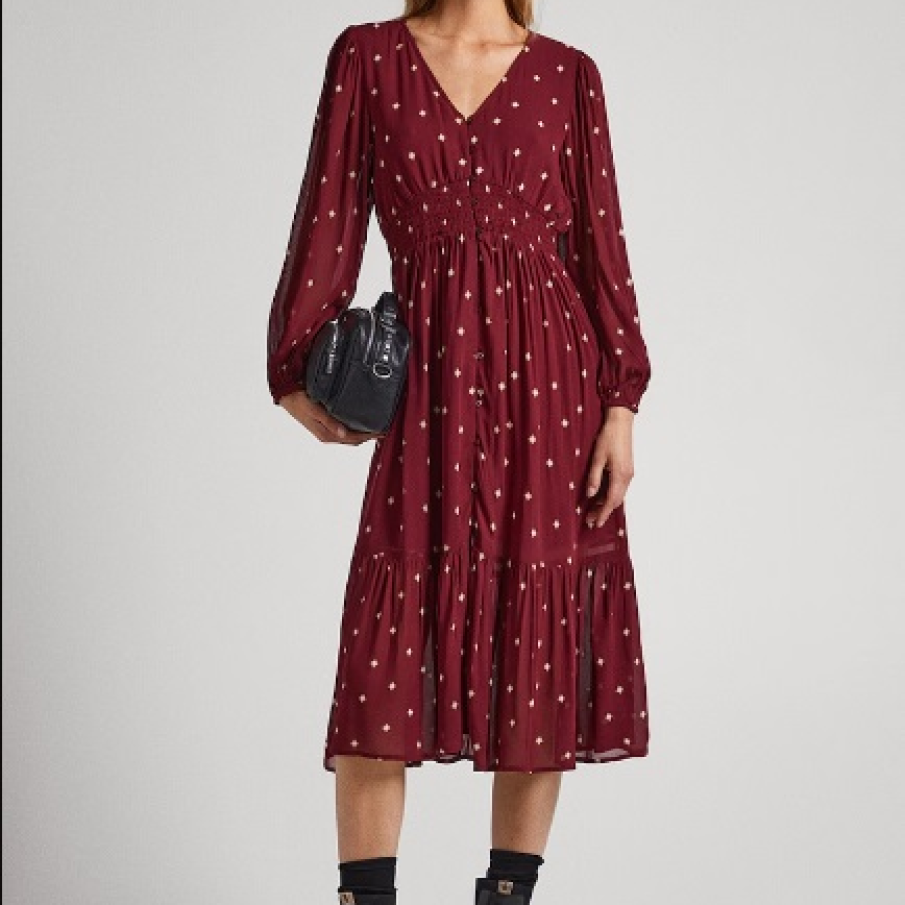 Rochie Pepe Jeans London cu decolteu în V, mâneci lungi și imprimeu geometric, în formă de romburi mici 