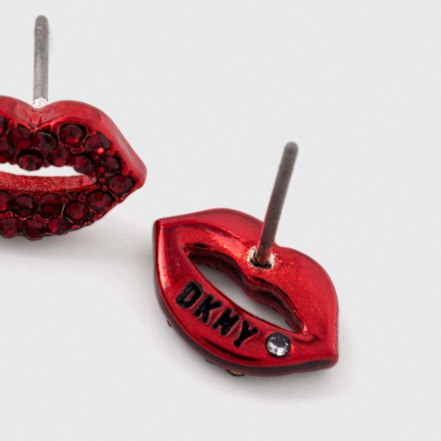Cercei Dkny roșii, în formă de buze, confecționați dintr-un material cu paiete