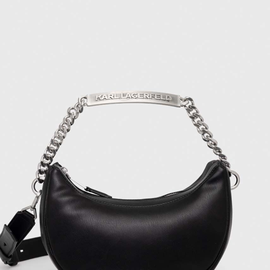 Poșetă neagră de piele Karl Lagerfeld în formă de semilună cu mâner de metal cu logo și curea reglabilă detașabilă