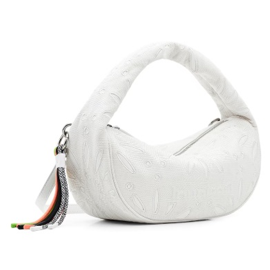 Geantă albă baguette, confecționată din material textil și piele ecologică, cu broderii decorative