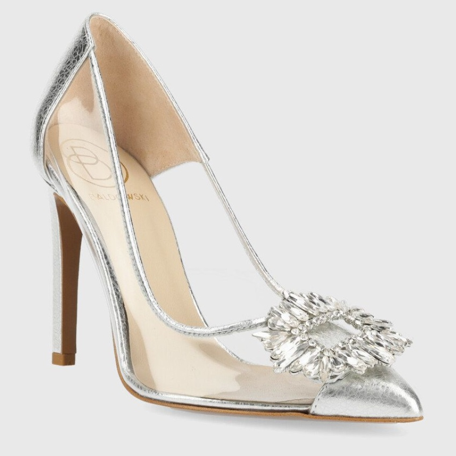 Pantofi argintii Baldowski, de piele, cu material transparent pe margini, și detaliu decorativ în față. Parcă ești o adevărată crăiasă a iernii purtându-i. 