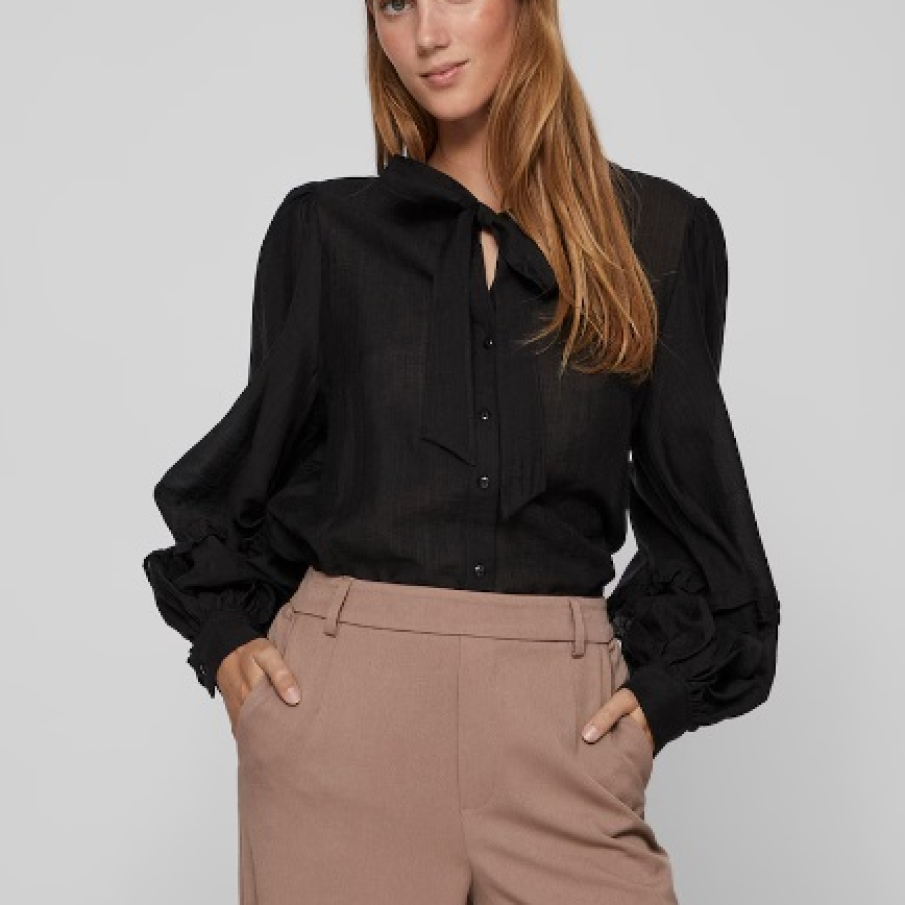 Cămașă neagră Vila cu mâneci bufante și nasturi și sistem de prindere în stil fundă la baza gâtului