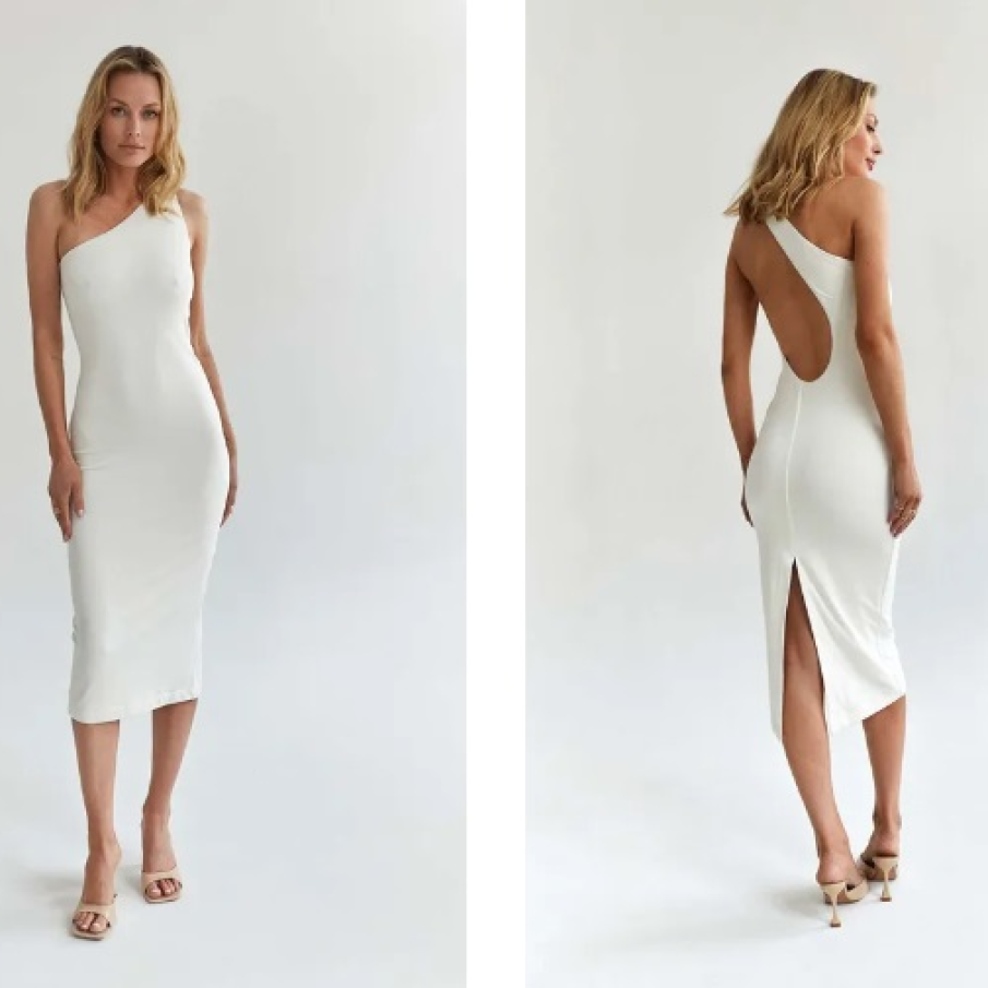 Rochie mulată din colecția Saint Body, pe un singur umăr și cu decupaj pe spate 