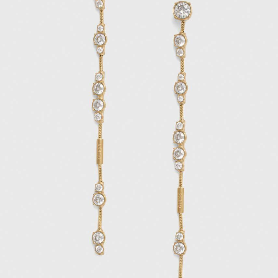 Cercei lungi Guess, în stil drop, placați cu aur, cu elemente decorative din zirconiu cubic 