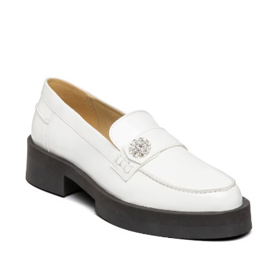 Pantofi loafer cu toc masiv negru de la Steve Madden, în nuanță de alb optic, cu un detaliu minimalist strălucitor și de impact 