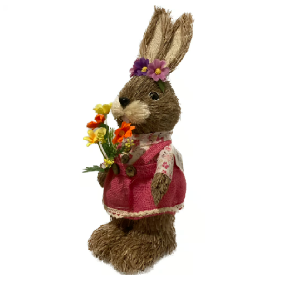 Decorațiune de Paște Iepuraș cu flori înălțime 34cm lucrat manual