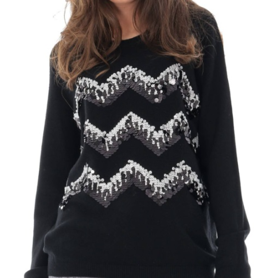 Pulover negru de damă, ROH, în stil casual sport,  decorat cu aplicații de paiete superbe în zig-zag