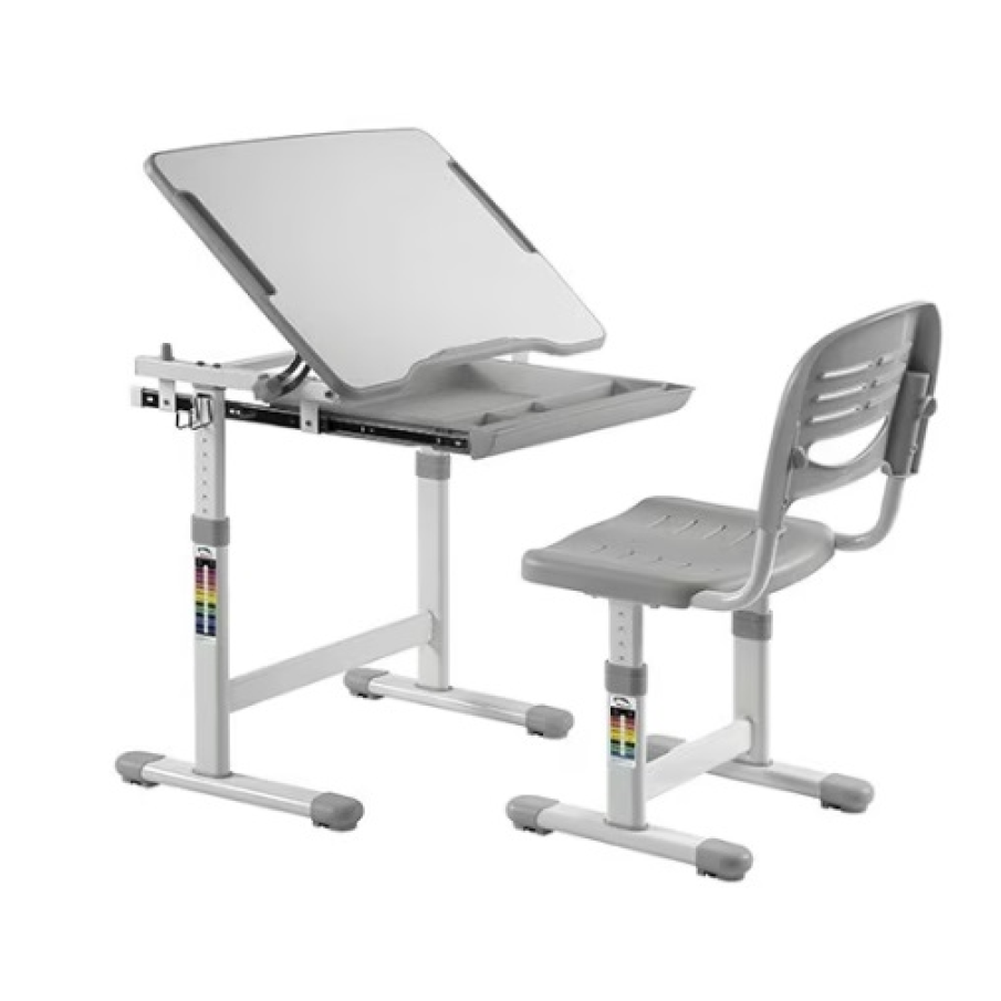Set de birou și scaun pentru copii ergonomic ErgoK SOL Gri, reglabil în înălțime. Asigură o poziție corectă și confortabilă la birou și este dedicat grupei de vârstă 4 ani +