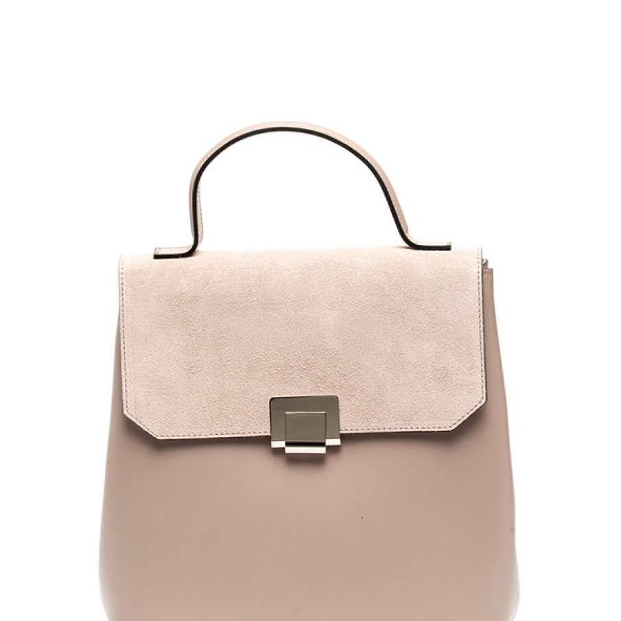 Geantă Chiara Canotti bej ce îmbină pielea întoarsă cu pielea naturală. Se închide cu o cataramă modernă. 