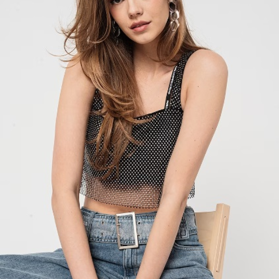 Top crop cu ștrasuri și bretele, din plasă, by KARL LAGERFELD JEANS