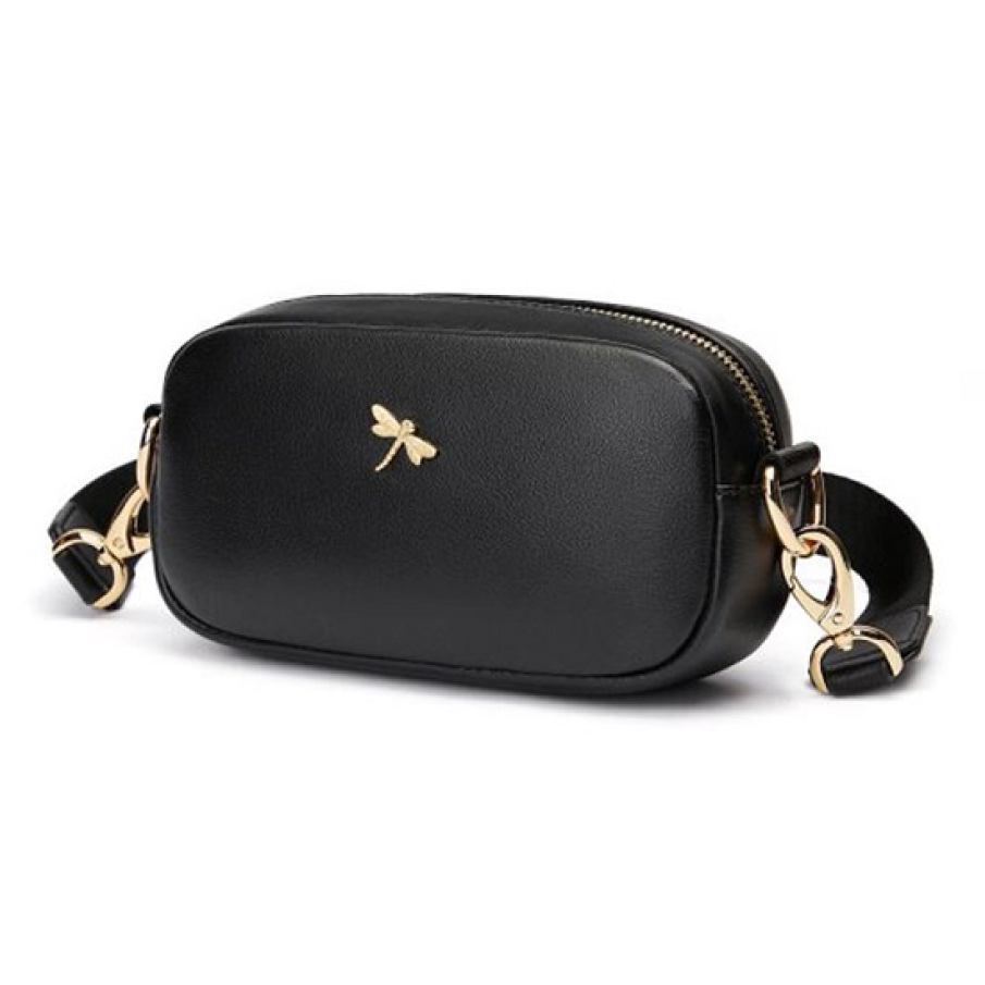 Borsetă convertibilă din piele Avery, cu un detaliu auriu în formă de libelulă. 