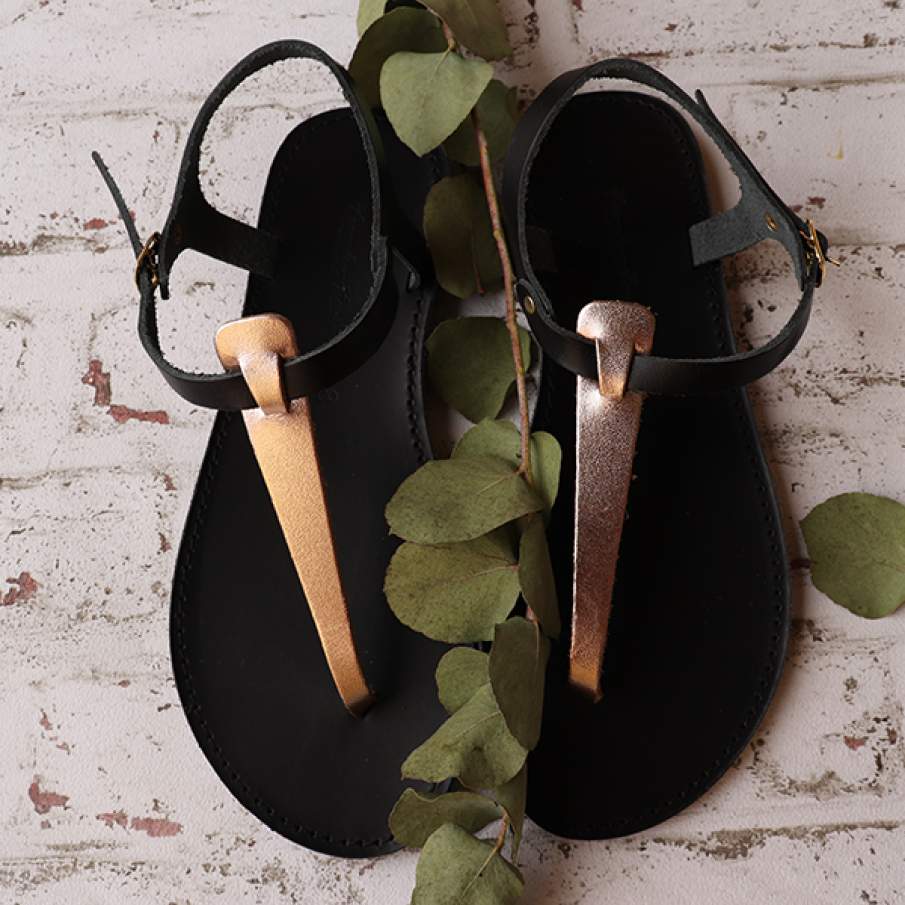 Sandale handmade din piele naturală: negru si bronz