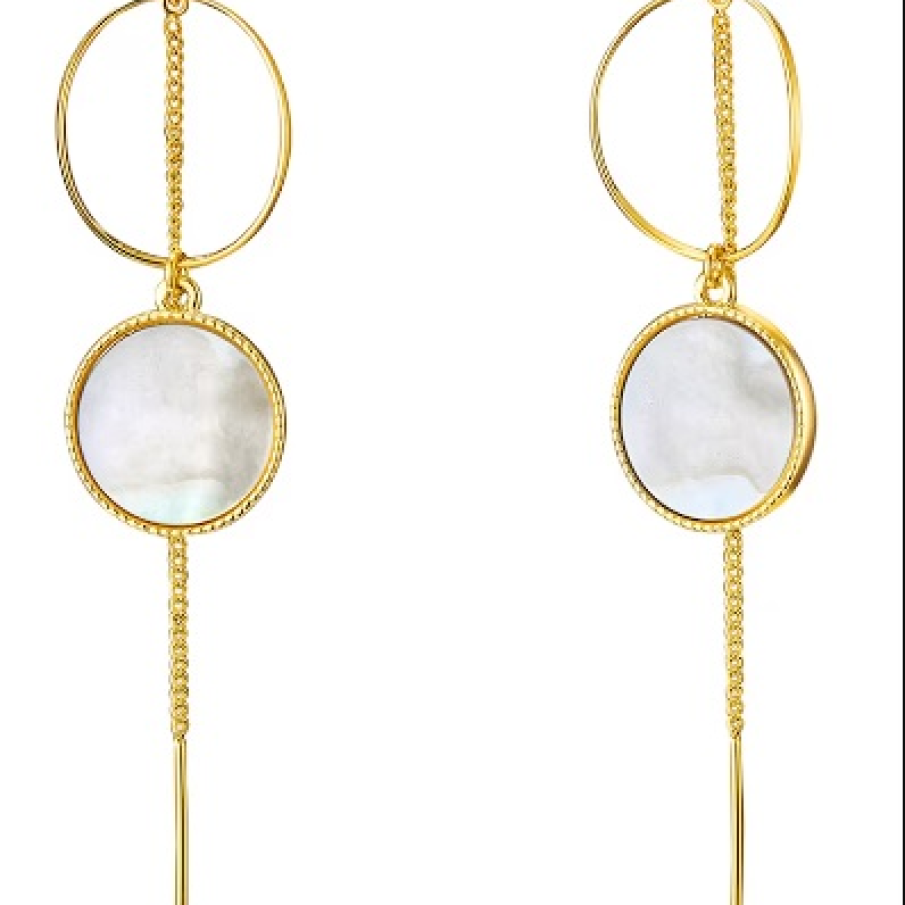 Cercei lungi cu tijă și mother of pearl, din metal auriu, în stil drop