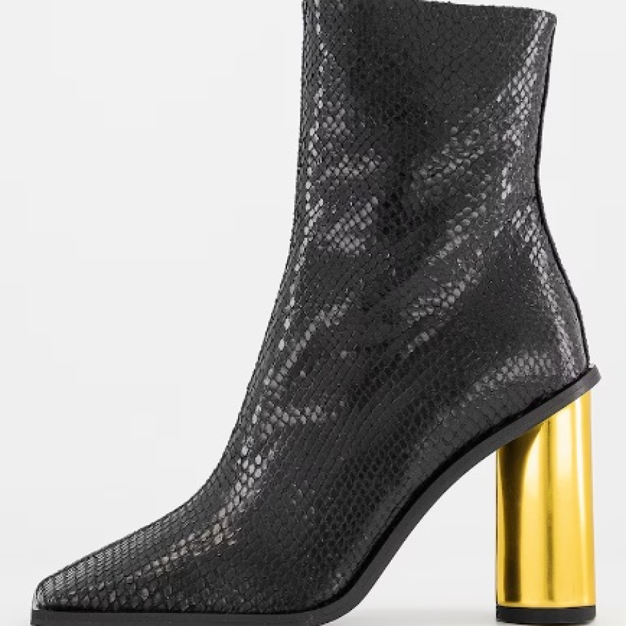 Botine de piele naturală Just Cavalli cu vârf pătrat și toc auriu înalt, de efect 